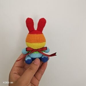 hand knitted rainbow bunny keychain, soft cotton yarn, unique colorful charm, safe & cozy decor, meaningful cheerful keepsake