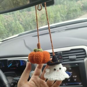 hand knitted halloween pumpkin & ghost car hanging charm, soft cotton yarn, unique spooky cute decor, safe & cozy gift for car lovers