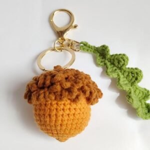 hand knitted acorn keychain, soft cotton yarn, unique nature charm, safe & cozy decor, meaningful forest keepsake
