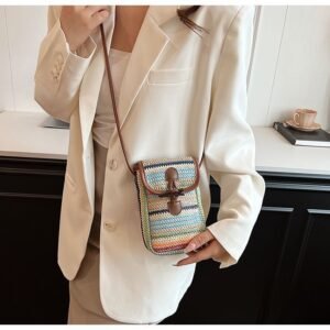 hand woven striped crossbody phone bag, retro horn buckle closure, lightweight cotton weave, ideal daily mini bag & gift.