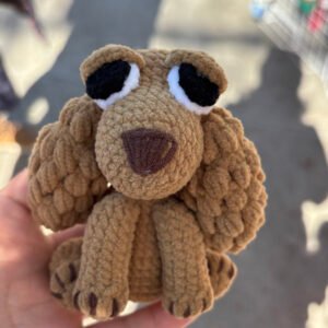 hand knitted brown big eyed puppy keychain, soft cotton yarn, unique cute charm, safe & cozy decor, meaningful loyal keepsake