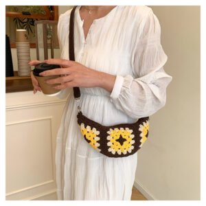 hand knitted brown crescent crossbody bag, sunflower granny square design, boho style, ideal daily tote & gift