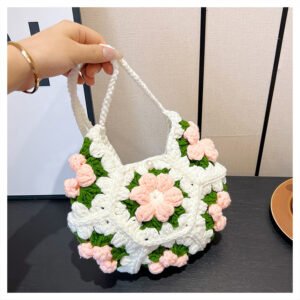 hand knitted pink floral crescent crossbody bag, 3d rose & daisy design, boho crochet style, perfect daily mini bag & gift