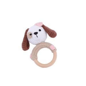 hand crochet puppy teething ring, soft cotton yarn with wooden ring, safe sensory toy for babies, meaningful early childhood keepsake