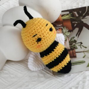 hand crochet striped bee comfort doll, soft cotton yarn, safe cozy companion for kids, meaningful childhood keepsake