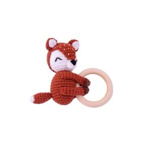 hand crochet red fox teething ring, soft cotton yarn with wooden ring, safe sensory toy for babies, meaningful early childhood keepsake