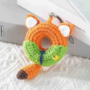 hand knitted fox donut keychain, soft cotton yarn, unique cute charm, safe & cozy decor, meaningful playful keepsake